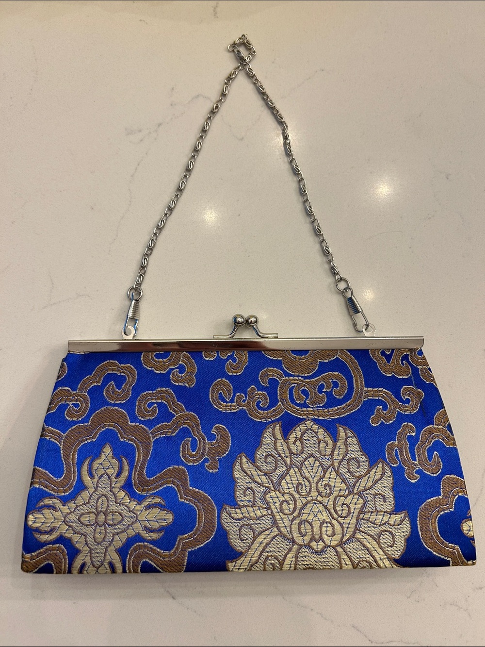 Source Unknown Blue and Gold Brocade Evening Clutch with Chain